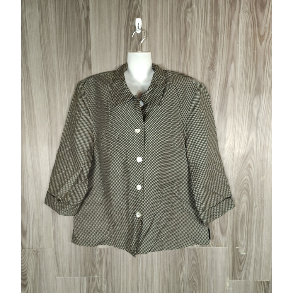 Courtwell Women Black White Polka Dot 100% Pure Silk Button Front Blouse Top